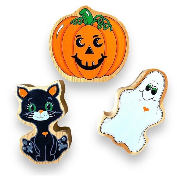VNTG Halloween Decor Wood Block Figurines 3
Pc Black Cat Ghost Jack O Lantern - Picture 1 of 8